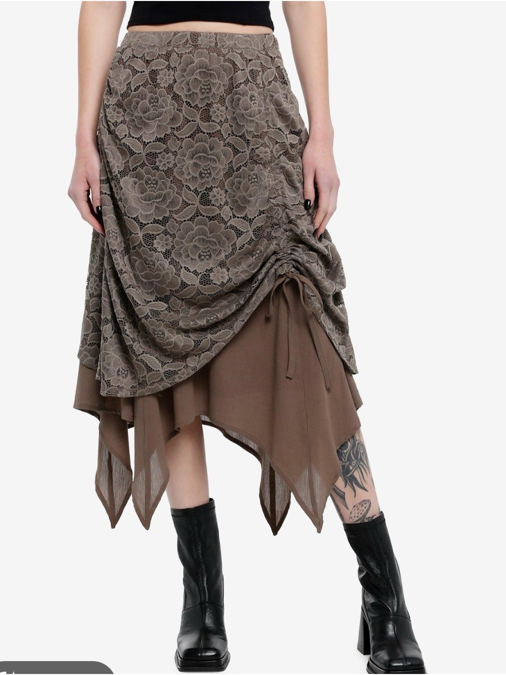 Thorn & Fable Brown Lace Ruched Hanky Hem Midi Skirt Boho Overlay Size SM